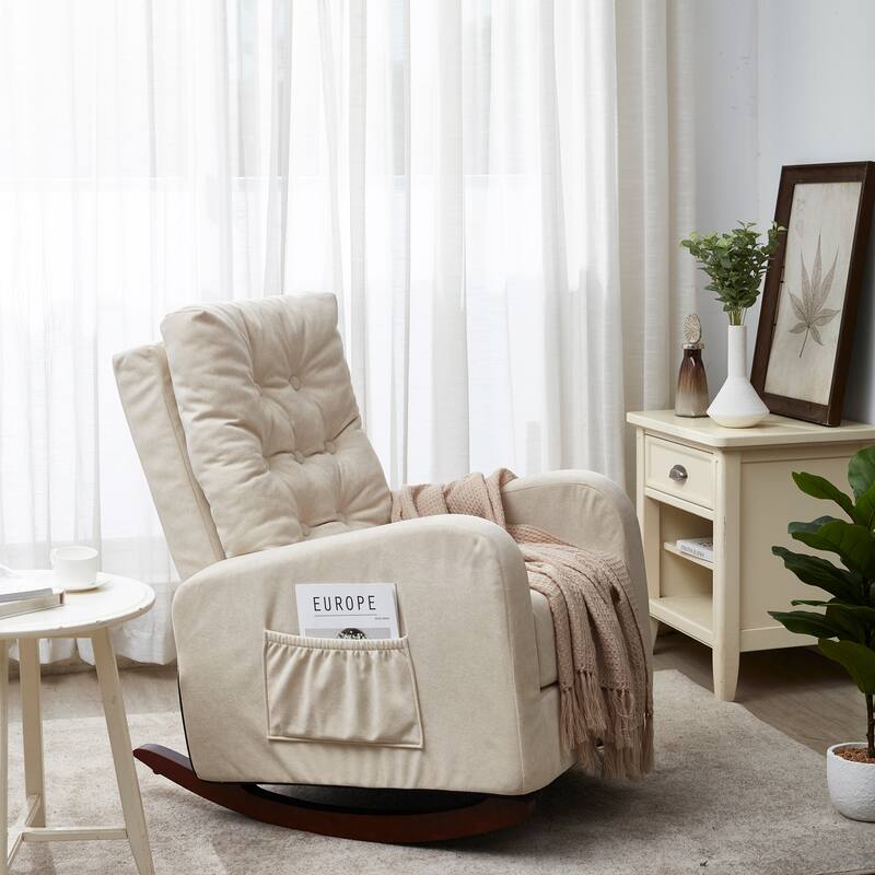 Beige Adjustable Recliner for Balcony or Tatami, with High Back Design, Solid Wood Legs, and Side Storage Pockets