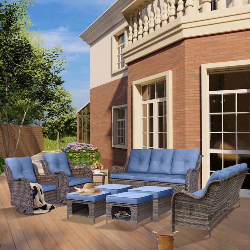 Wicker Outdoor Patio Conversation Seating Sofa Sets with Swivel Chairs - 9 Piece - Denim Blue