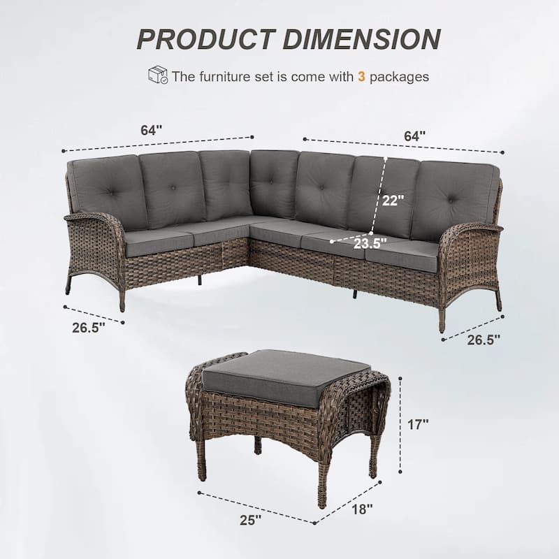 Gymojoy L-Shaped Outdoor Sectional Sofa Set with Wicker Ottomans