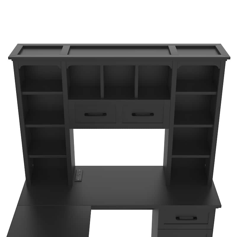 Computer Desk with 2 Cabinets, 2 Drawers & 11 Shelves, L-Shaped Corner Home Office Desk, Gaming Computer Desk with Power Outlet