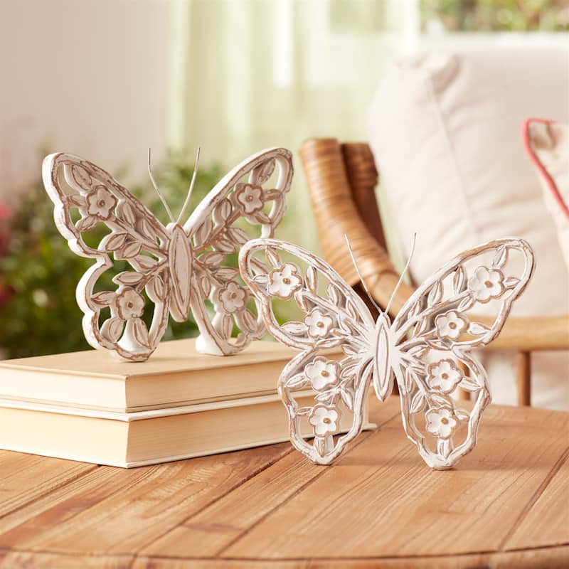 White Washed Floral Butterfly Décor (Set of 2)