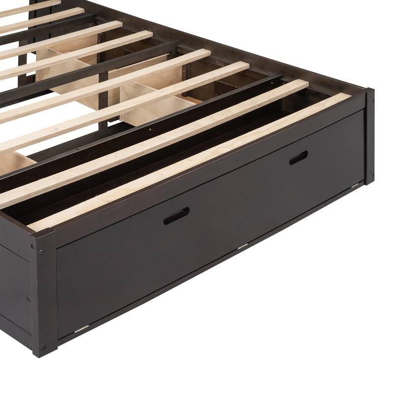 Queen Size Wood Platform Bed with Storage Headboard, Storage Shelves and 2 Drawers