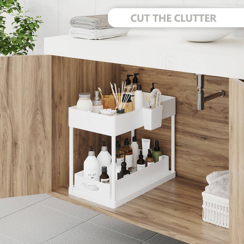 Empyrean 2 Tier Under Kitchen Sink Organizer with Sliding Drawer-Bathroom Cabinet Organizer with Utility Hooks and Side Caddy