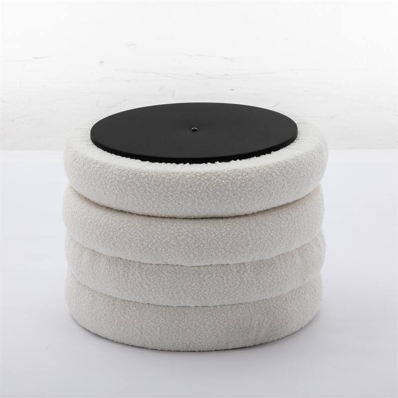 Fabric Storage Round Ottoman Footstool with Wooden Shelving