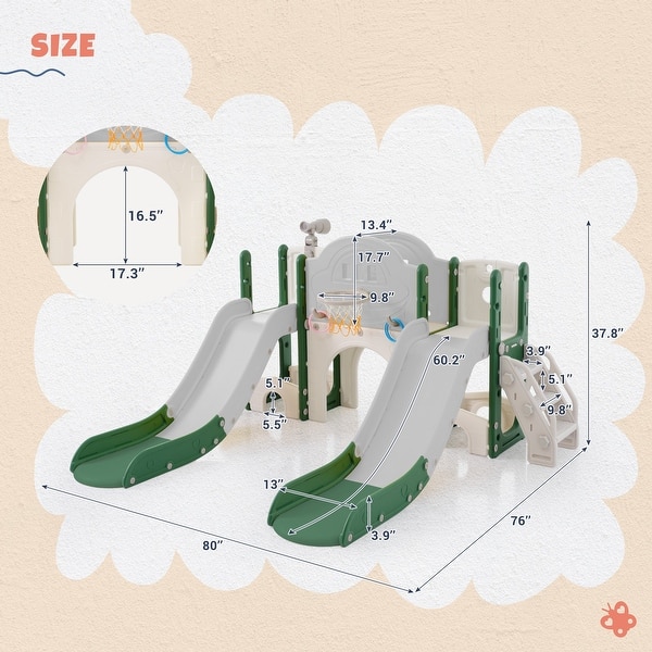 dimension image slide 3 of 5, 7 in 1 Toddler Slide Playset, Kids Climbers Playground with Double Slides, Arch Tunnel, Ring Toss and Basketball Hoop