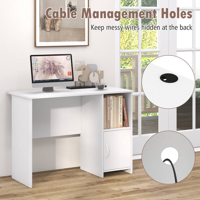 Costway Modern Computer Desk with Cabinet Cable Holes & Open Shelf