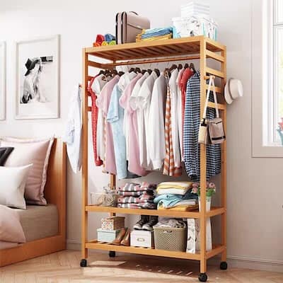 Clothes Rack Bamboo Garment Rolling Rack with Side Hooks
