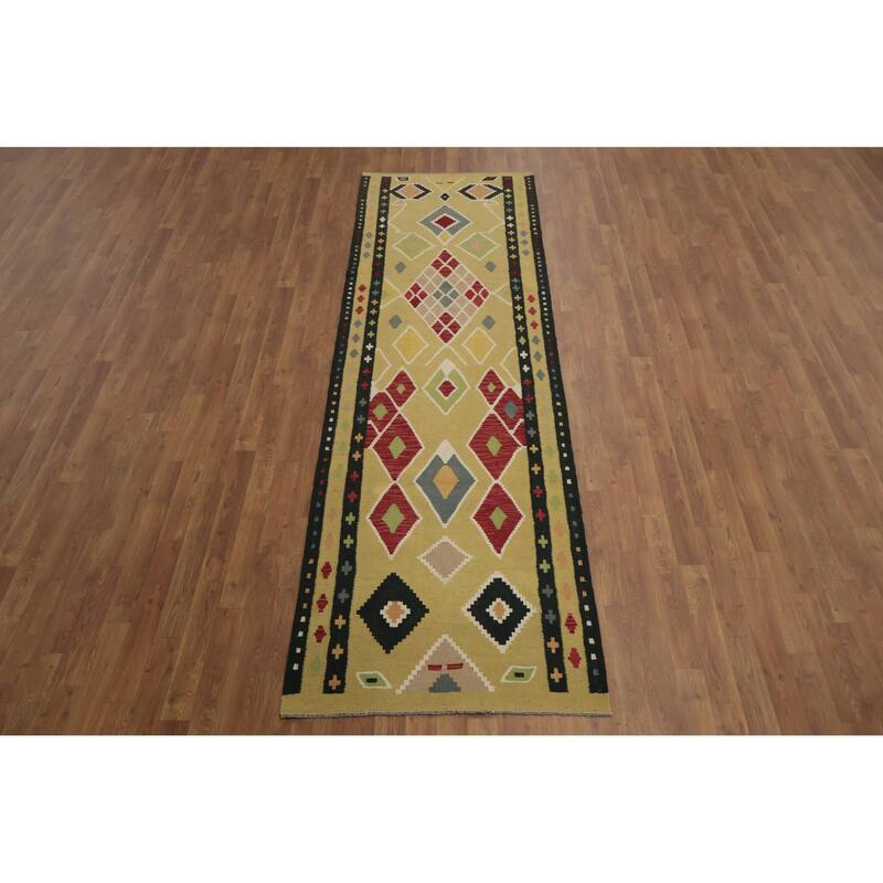 Hand Woven Oriental 100% Wool Carpet Southwestern Modern Yellow & Gold Kilim Runner Rug - 9' 10'' X 3' 0''