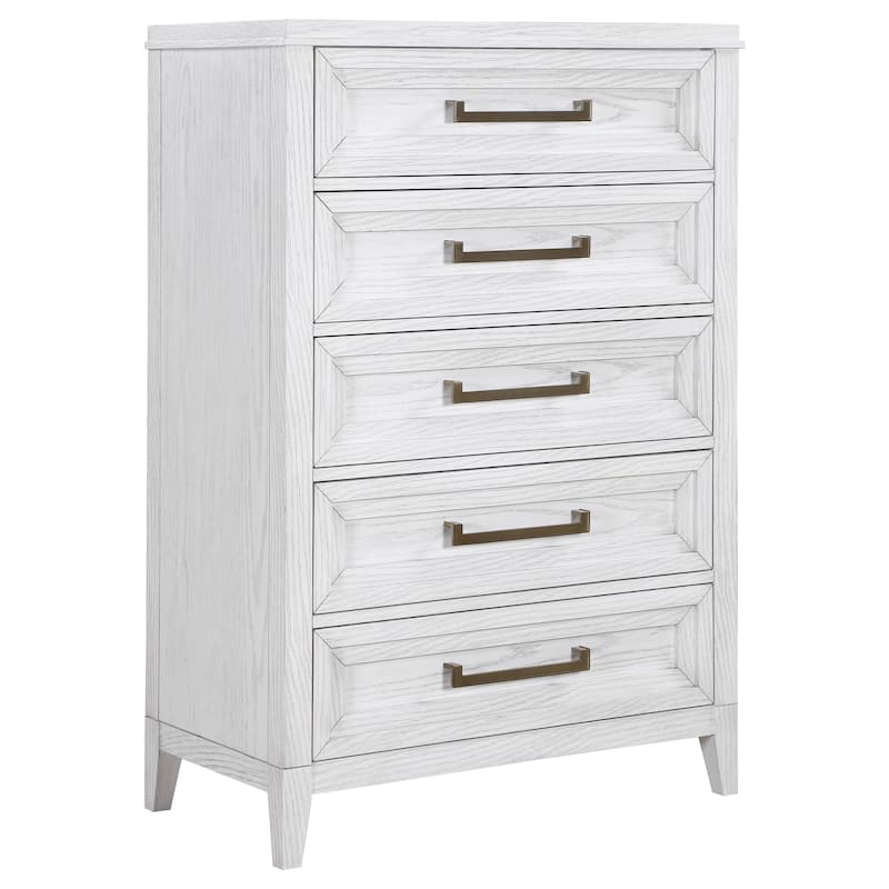 Leva Tall Dresser Chest, Distressed White Acacia Wood, 5 Drawers