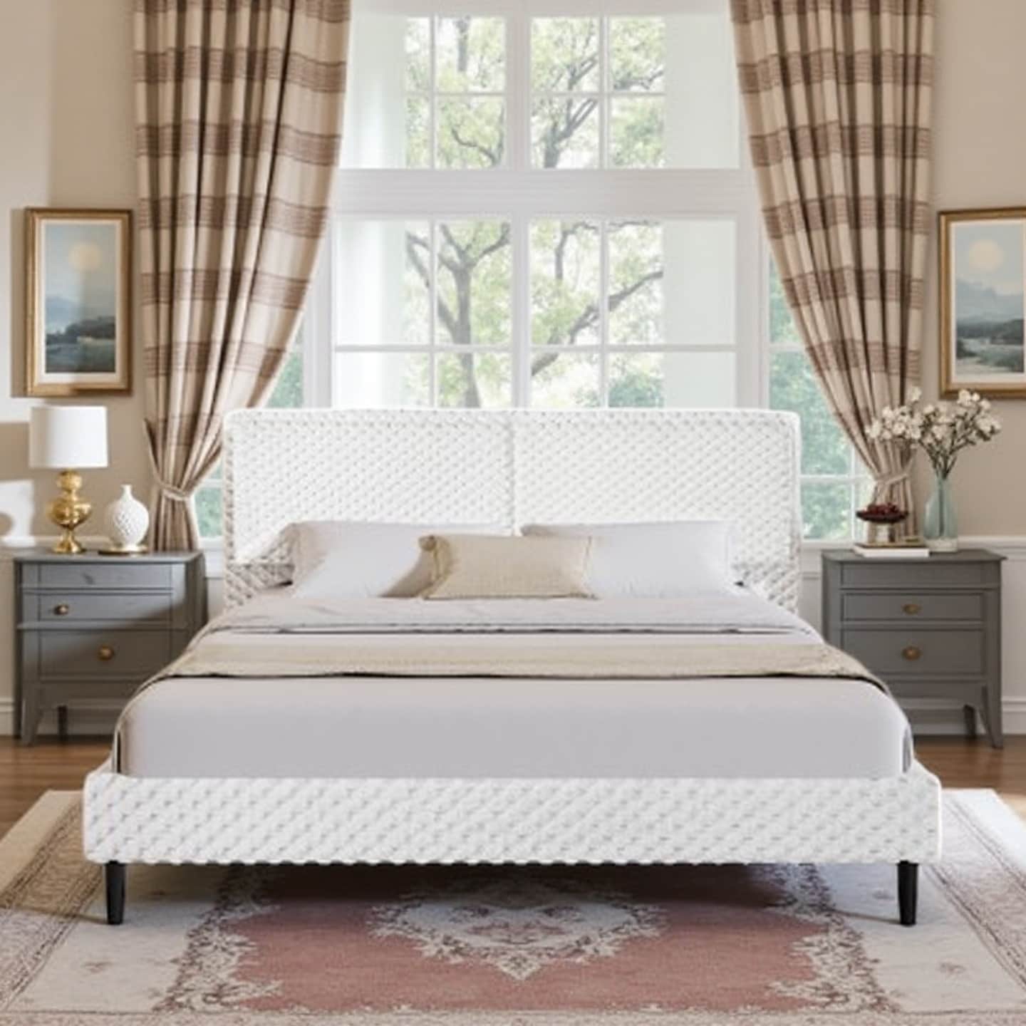 Plush Upholstered Bed with Soft Padded Backrest, Modern Minimalist Design, Solid Wood Frame