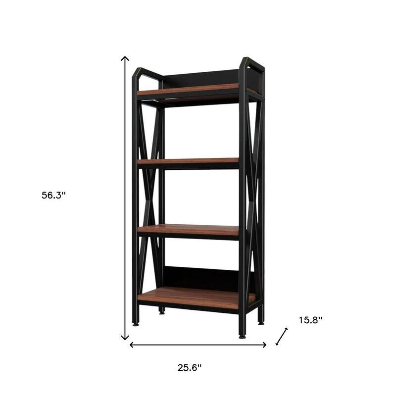 HomeRoots 56" Black And Brown Metal and Wood Four Tier Etagere Bookcase
