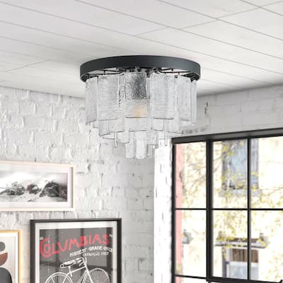 Modern Matte Black 3-Light Textured Glass Style Flush Mount Ceiling Lamp