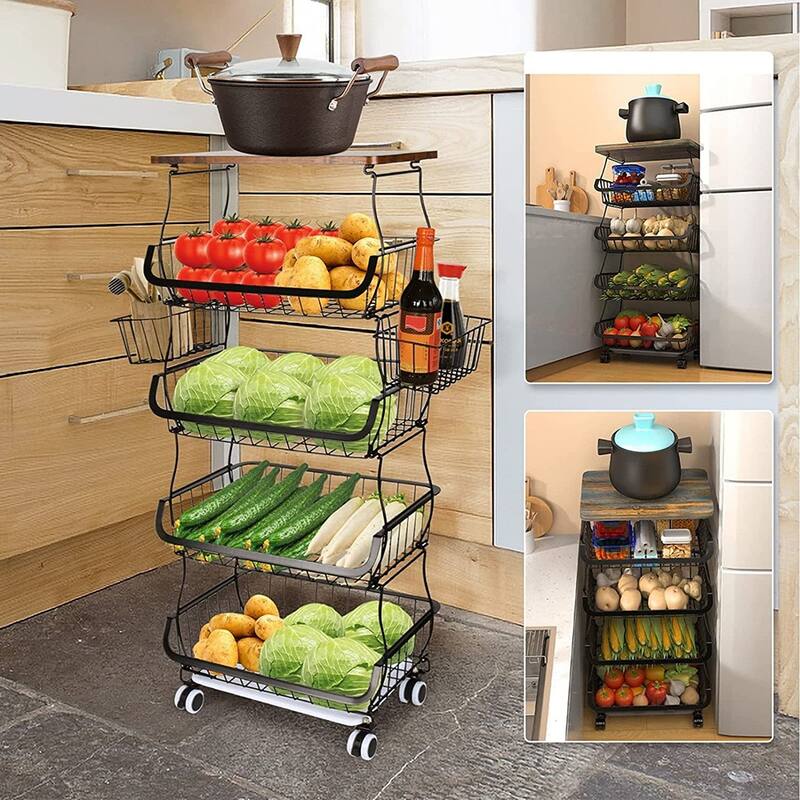 5/6-Tier Stackable Fruit Basket, Rolling Metal Cart with Wheels