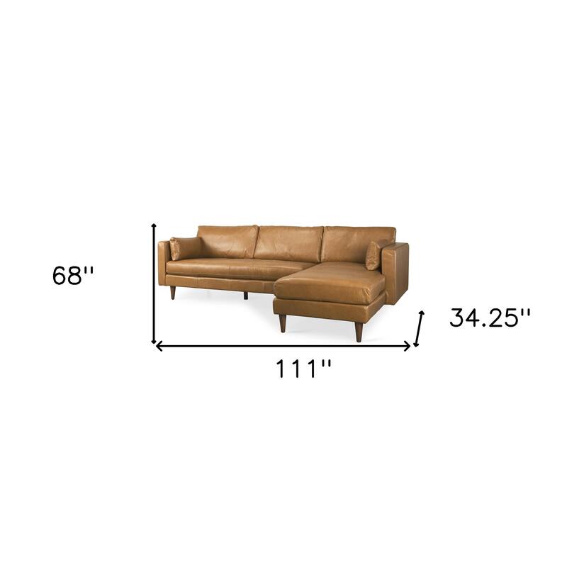 HomeRoots Tan Genuine Leather L Shaped Sofa and Chaise Sectional With Toss Pillows