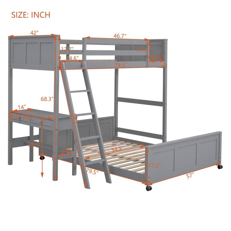Space-Saving Twin Over Full Bunk Bed with Desk and Drawers - Solid Pine Construction, White/Grey