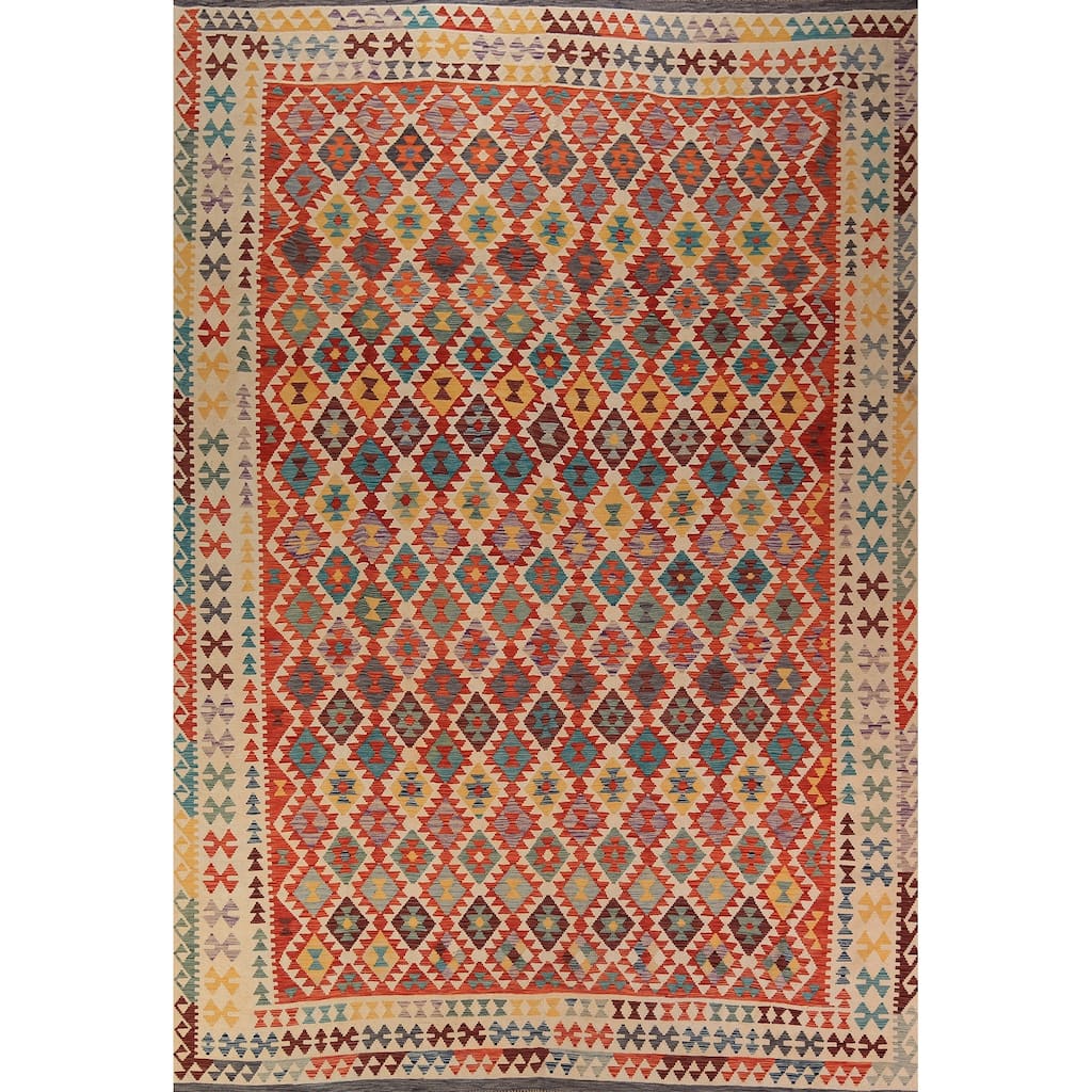 South Western Kilim Oriental Area Rug Flatweave Wool Carpet - 9'7" x 13'3"