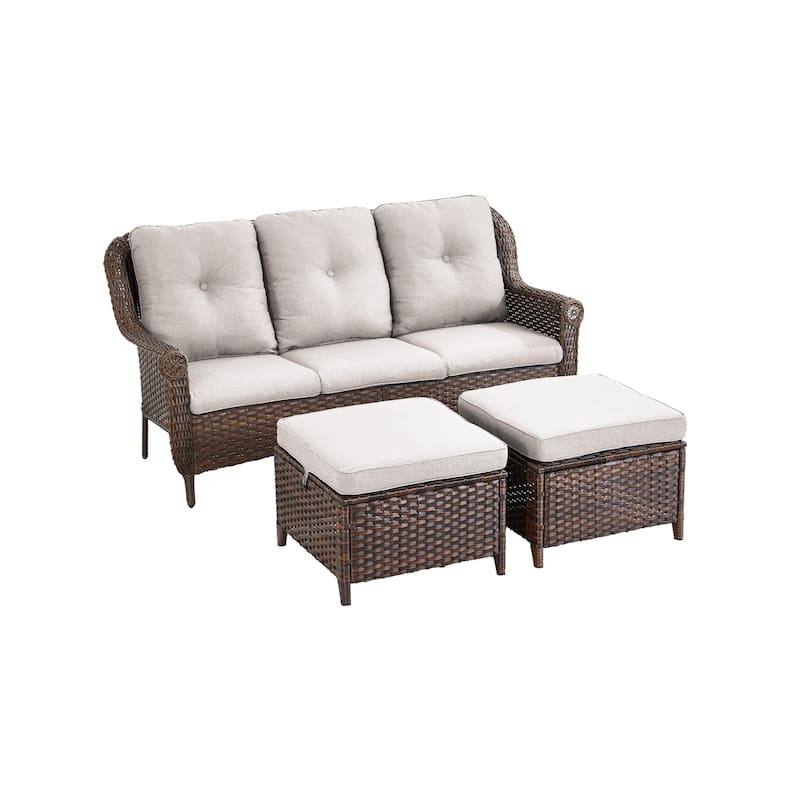 Outdoor Patio 3-Seat Sofa with 2 Ottomans