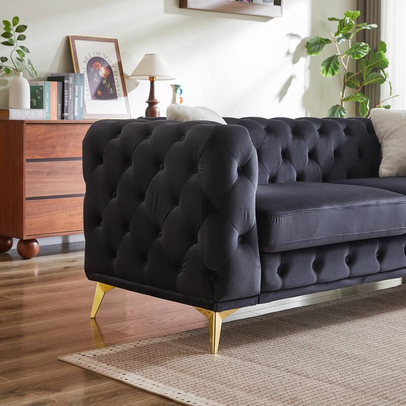 Velvet Upholstered 3 Seater Sofa, Chesterfield Tufted Button Sofa, Lounge Sofa Chair with 2 Pillows & Metal Legs