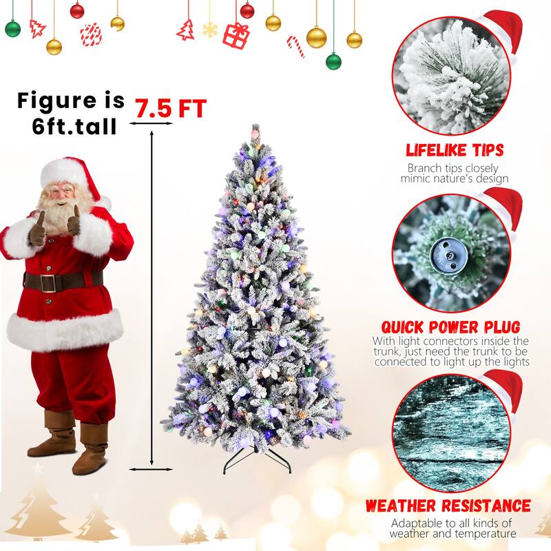 8ft Flocked Christmas Tree with 470L Colorful LED Lights with G45 ball,Memory Wire,10 Lighting Modes,Foot Switch