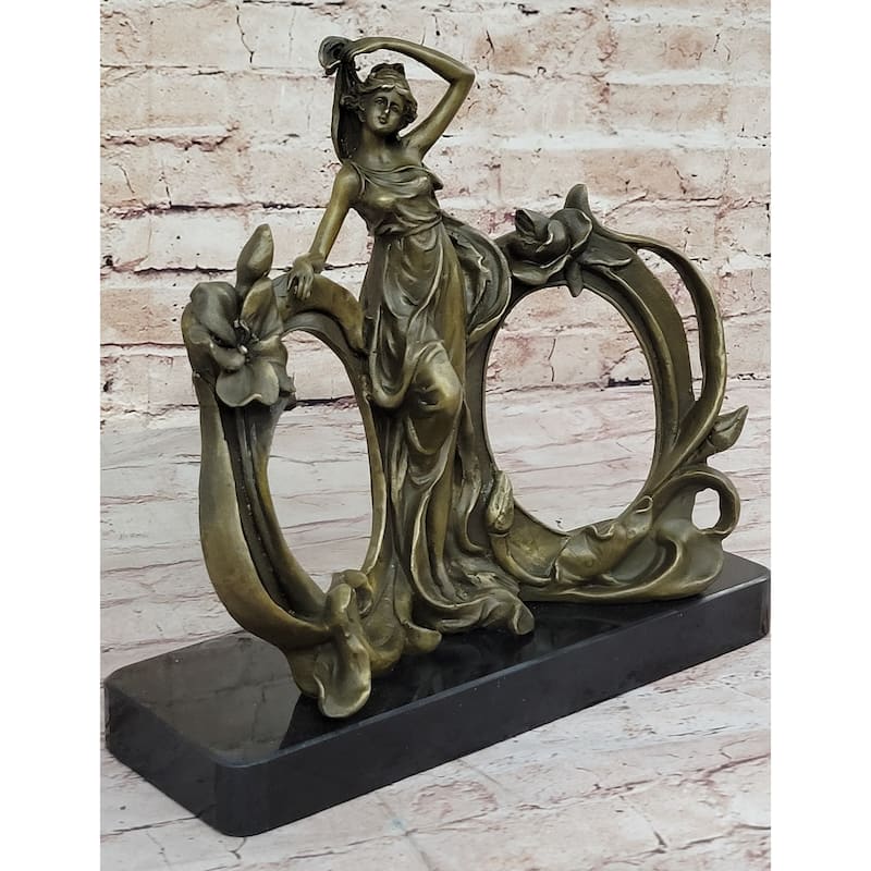 Art Nouveau Bronze Lady Figural Picture Frame Hot Cast Detailed Maiden Sculpture
