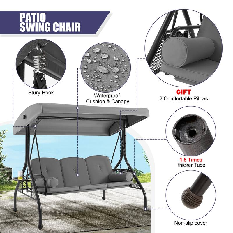 3-Seat Outdoor Porch Swing with Adjustable Canopy & Stand, Convertible Bed, All-Weather, Thickened Cushions & Cup Holders