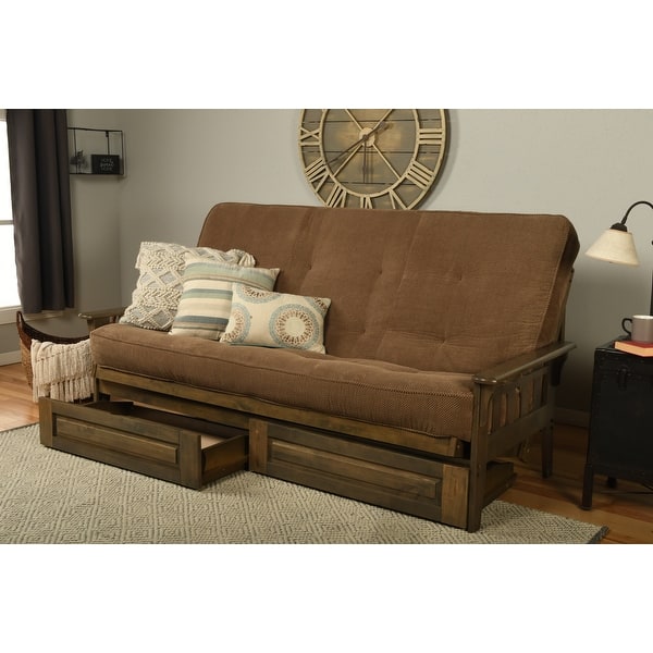 slide 1 of 7, Somette Tucson Queen-size Storage Futon in Rustic Walnut Finish with Marmont Mattress