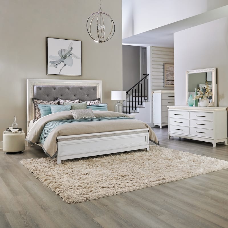 Liberty Furniture Reflections Upholstered Bed, Dresser & Mirror, Chest, Night Stand - King or Queen - Bed, Dresser, Mirror, Chest - Queen