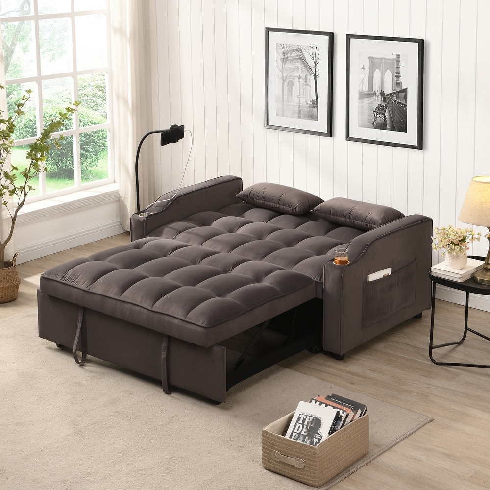 Charcoal Grey Modern Velvet 3 in 1 Convertible Sleeper Loveseat Futon Sofa with Adjustable Reclining Backrest and Toss Pillows