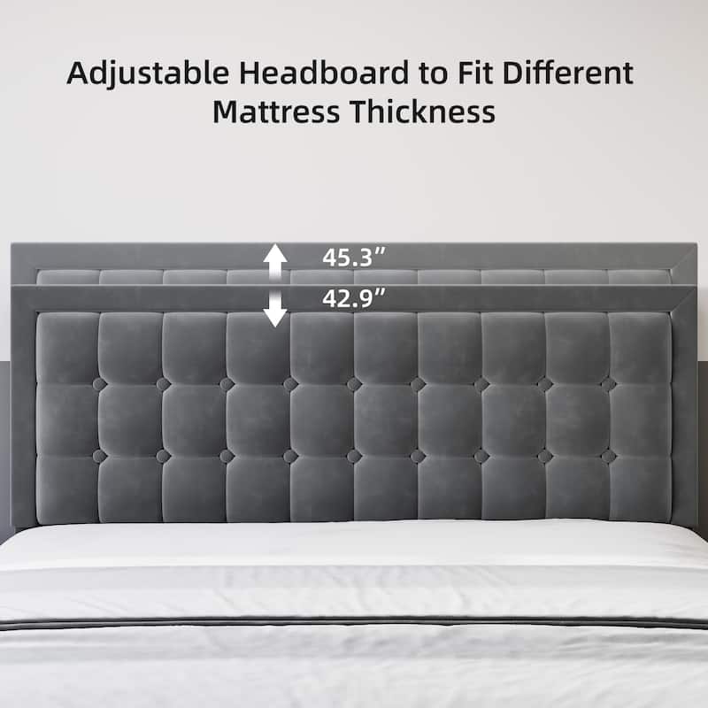 Upholstered Platform Bed Frame with Button Tufted Headboard and Wooden Slats