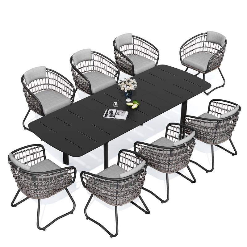 7/9PC Outdoor Aluminum Expandable Patio Dining Sets Extension Table with Rattan Chair