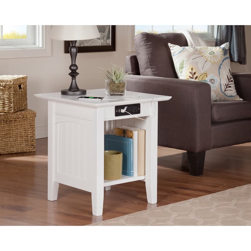 Nantucket Solid Wood End Table with Built-In Charging Station in White
