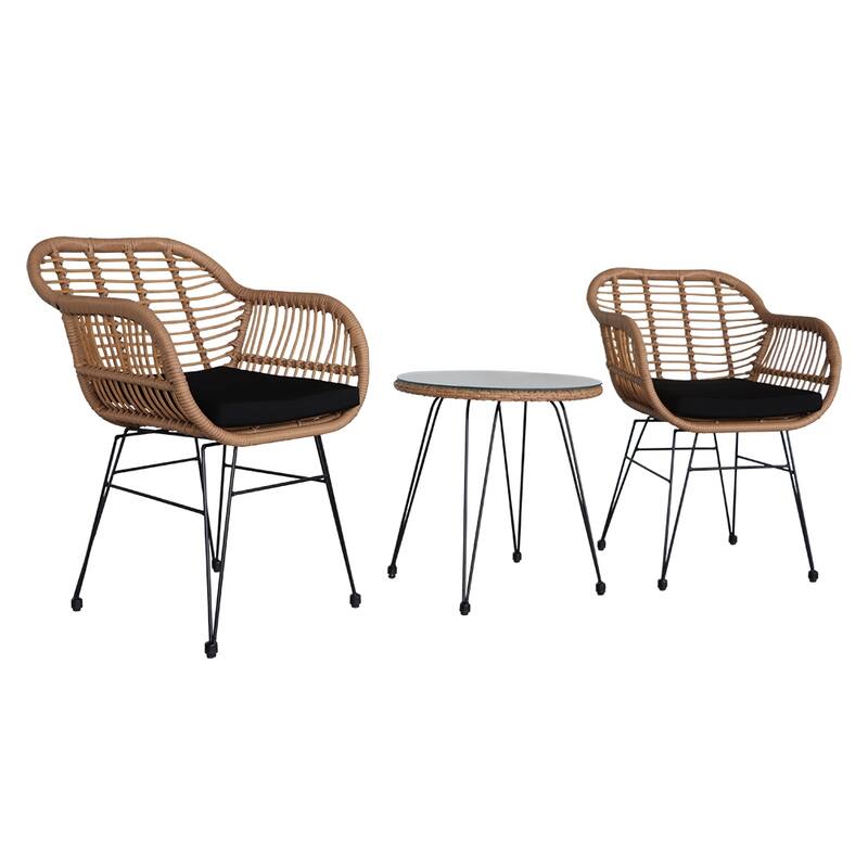 Wicker Rattan Patio Conversation Set with Tempered Glass Table