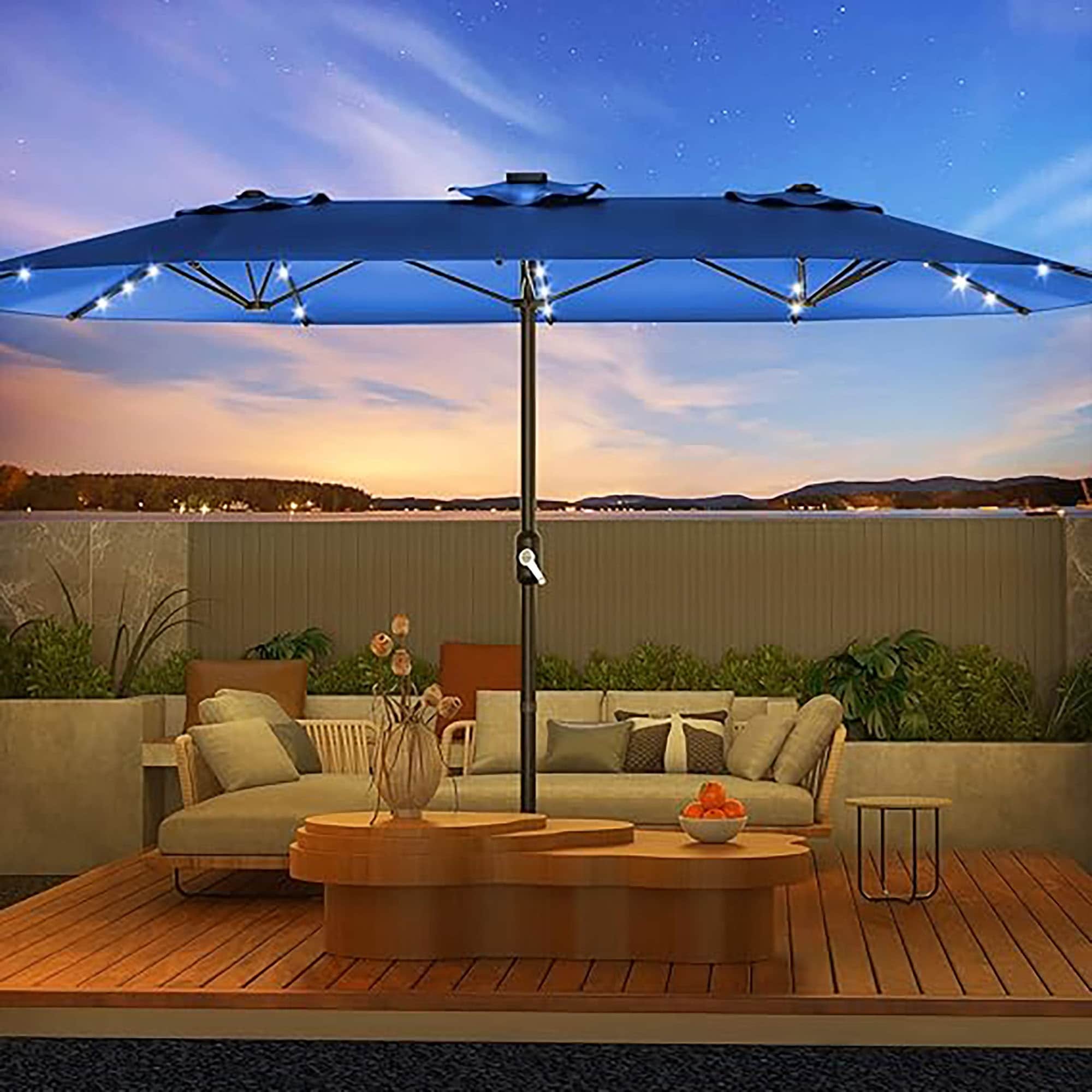 15ft Rectangle Patio Umbrella with Solar Lights, Double-Sided Market Table Umbrella with Crank
