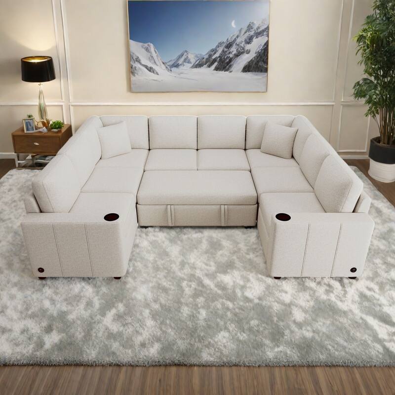 107.1" Chenille U-Shaped Sectional Sofa Bed with USB Ports and Cup Holders - Convertible Pull-Out Design - Beige