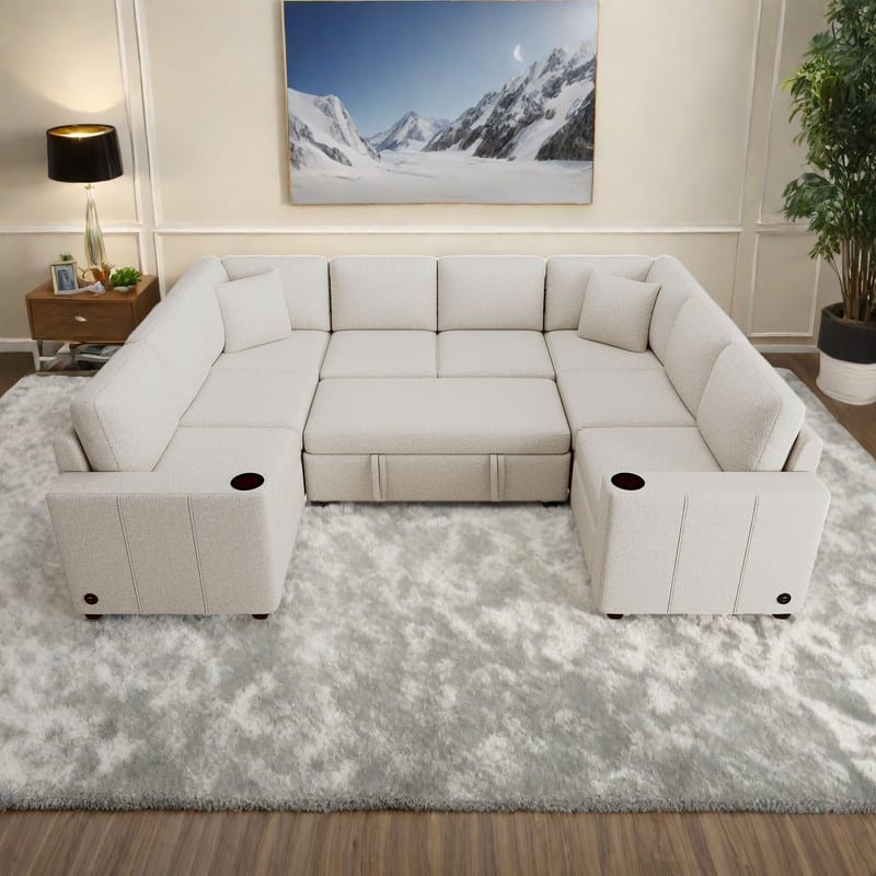 107.1" Chenille U-Shaped Sectional Sofa Bed with USB Ports and Cup Holders - Convertible Pull-Out Design