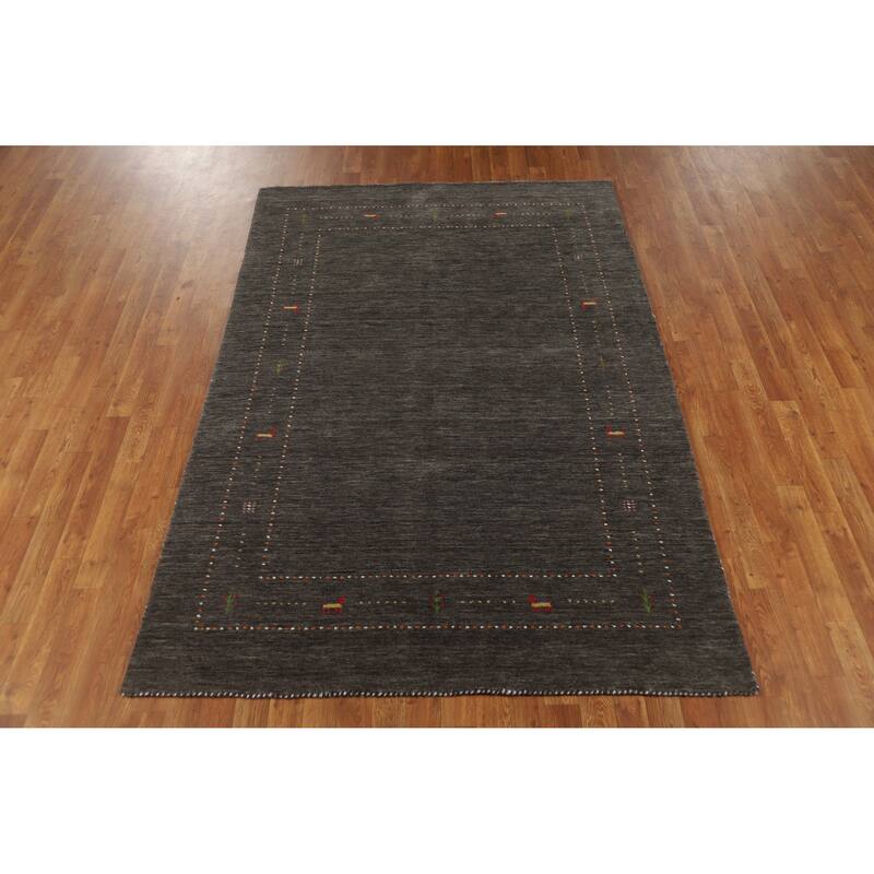 Tribal Gabbeh Area Rug Hand-Knotted Grey Modern Wool Carpet - 5'1" x 7'8"