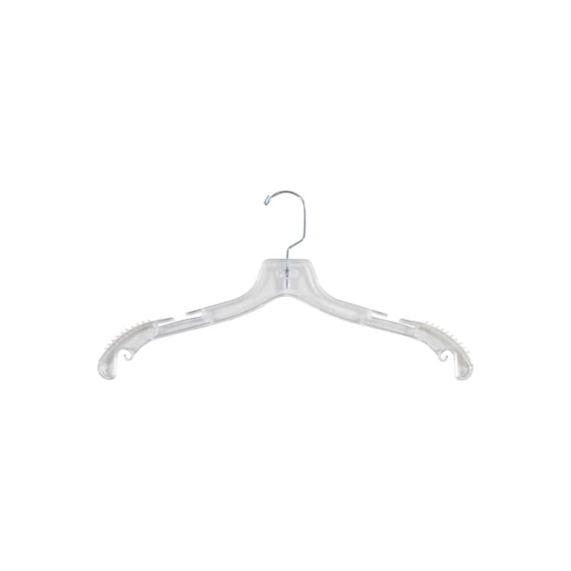 Clear Plastic Top Hanger W/ Non-Slip Rubber Shoulder Strips & Notches, 17" Length X 3/8" Thick, Chrome Hook Box of 100