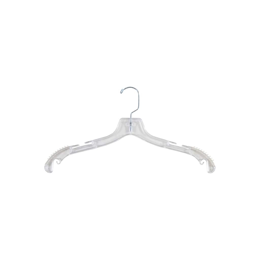 Clear Plastic Top Hanger W/ Non-Slip Rubber Shoulder Strips & Notches, 17" Length X 3/8" Thick, Chrome Hook Box of 100
