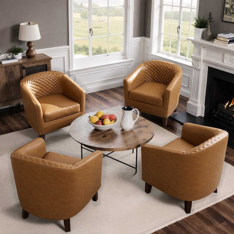 Modern Leather Nailheads Trim Barrel Accent Chairs with Wood Legs - 4 Set - Coffee
