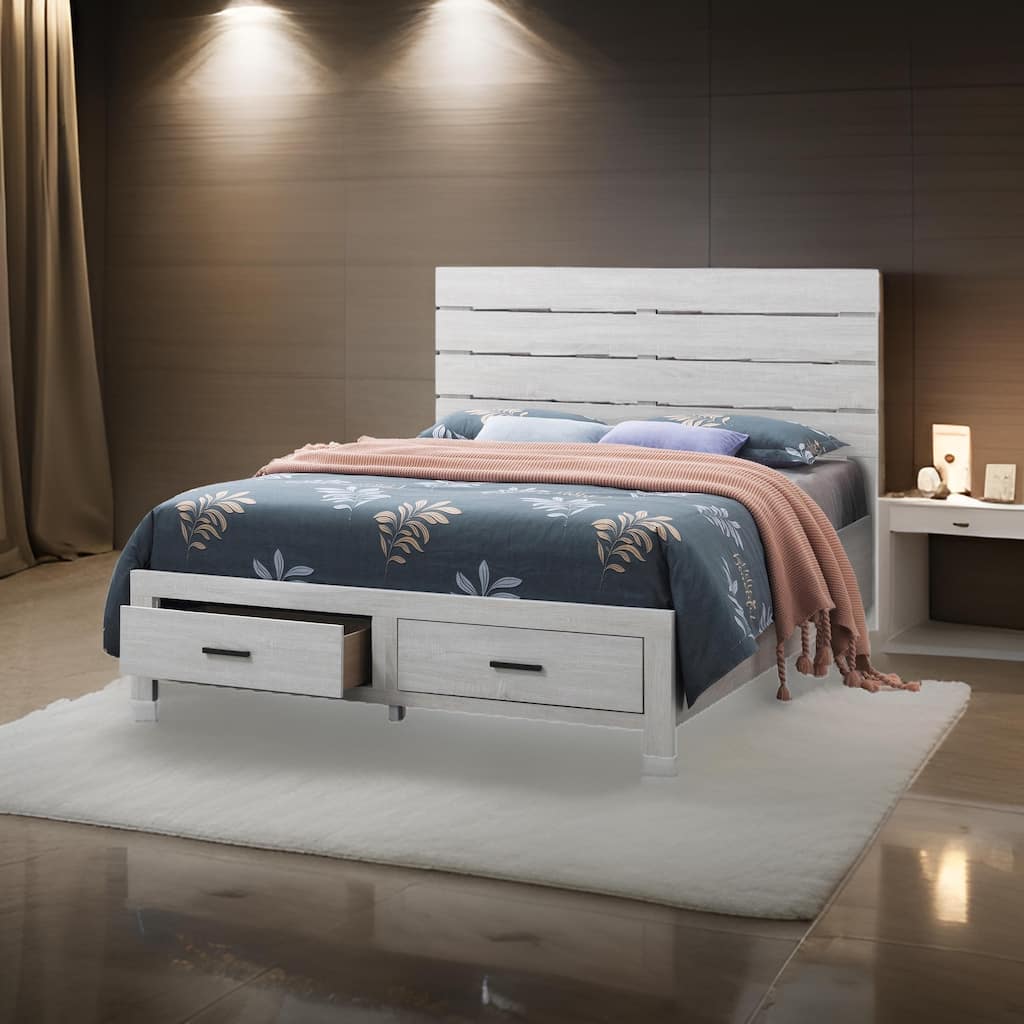 Ach Wood King Storage Bed with 2 Drawers, Plank Style Headboard, White
