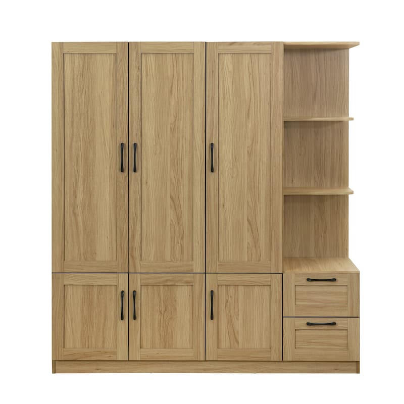 3 Doors Armoire Wardrobe Closet with 3 Side Shelves 2 Drawers, Wooden Bedroom Armoires with Hanging Rod for Bedroom