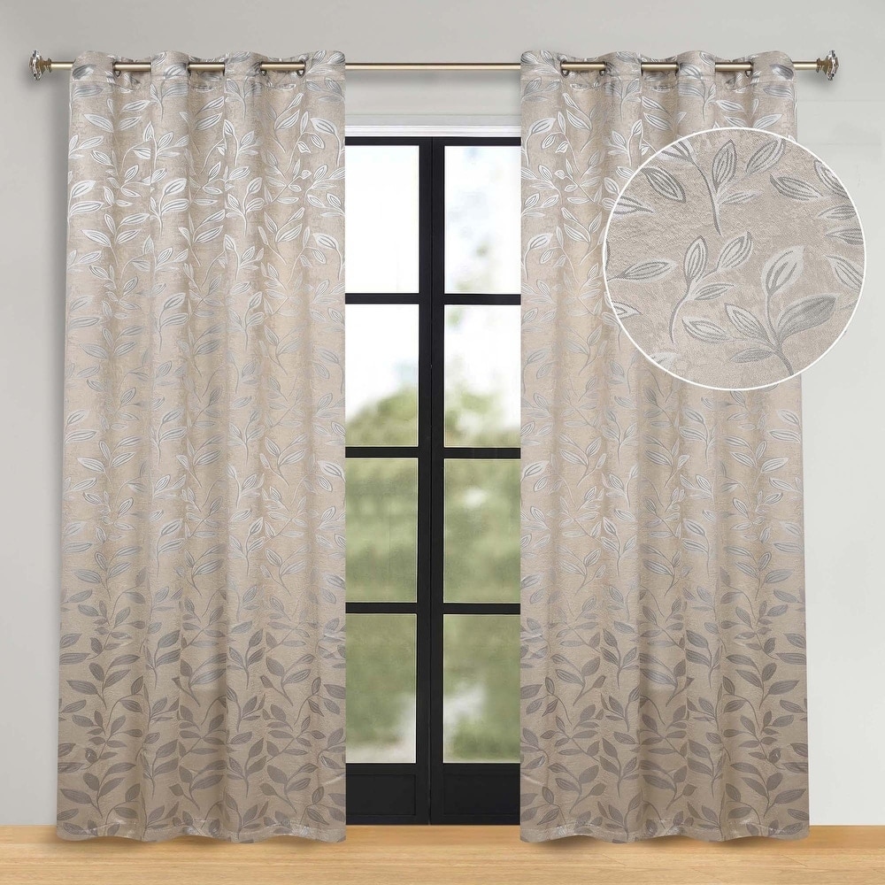Superior Leaves Botanical Room Darkening Grommet Curtain Panels Set of 2, Machine Washable Window Treatments