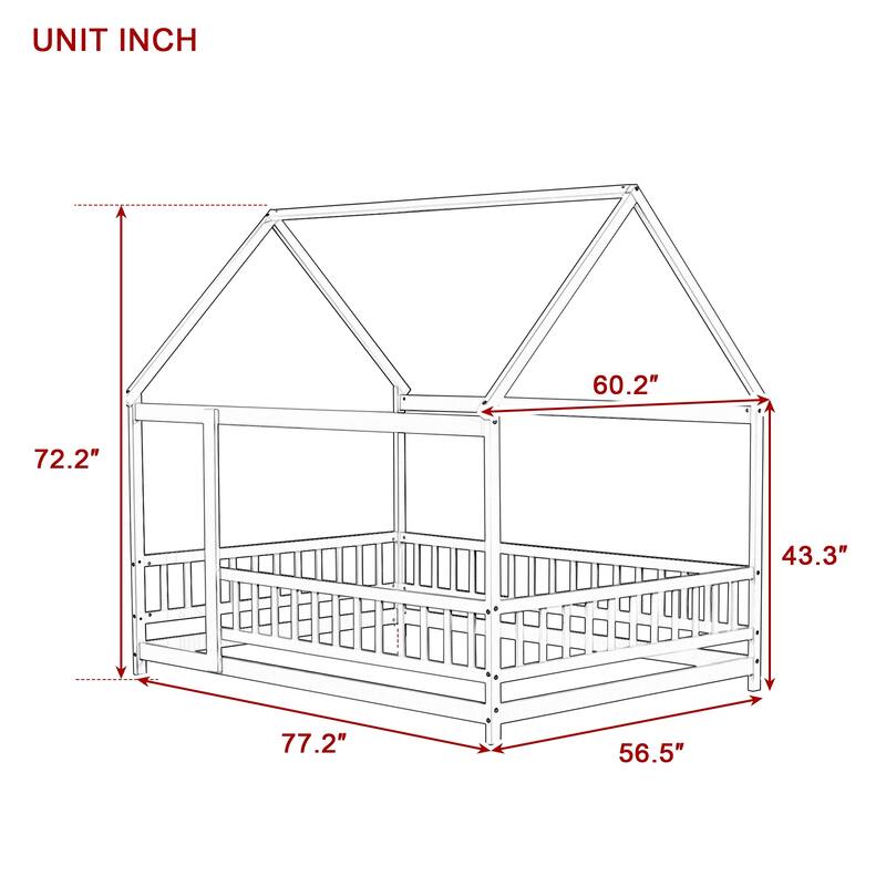 Full Size House Floor Wooden Bed with Roof Frame, Safety Guardrails