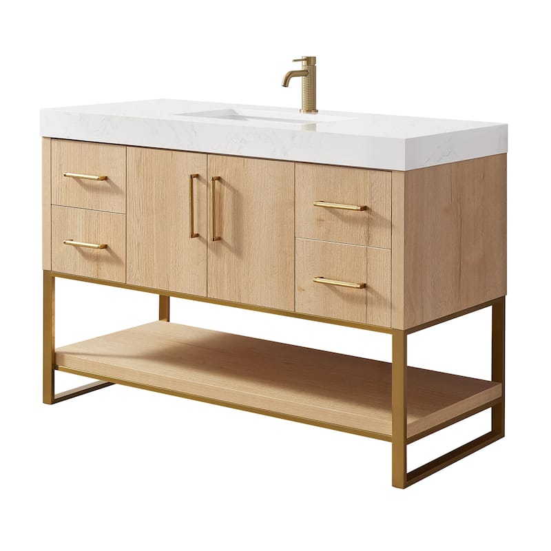 Kolkata Bathroom Vanity in Weathered Oak without Mirror - 48" - Golden Hardware
