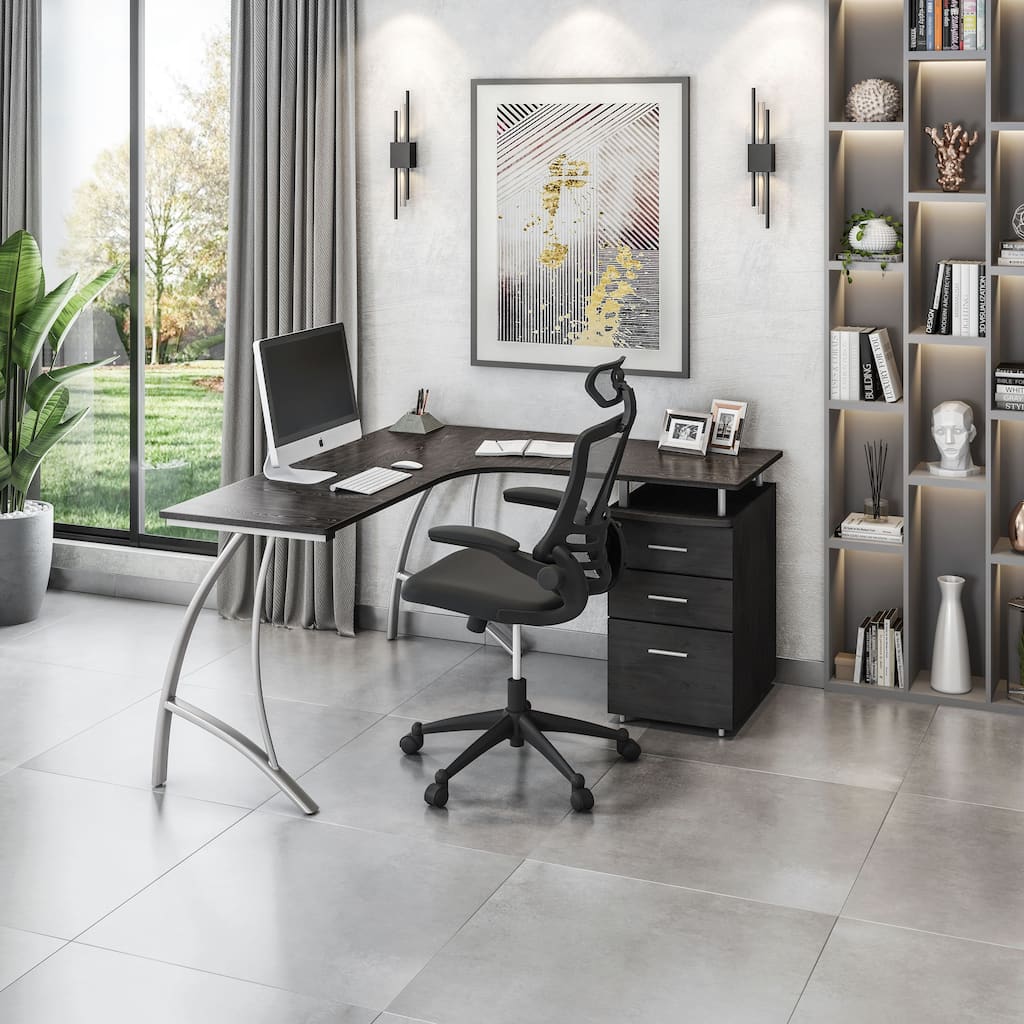 Contemporary L-Shaped Desk with Built-in Storage Cabinet, File Drawer, and Scratch-Resistant Steel Legs