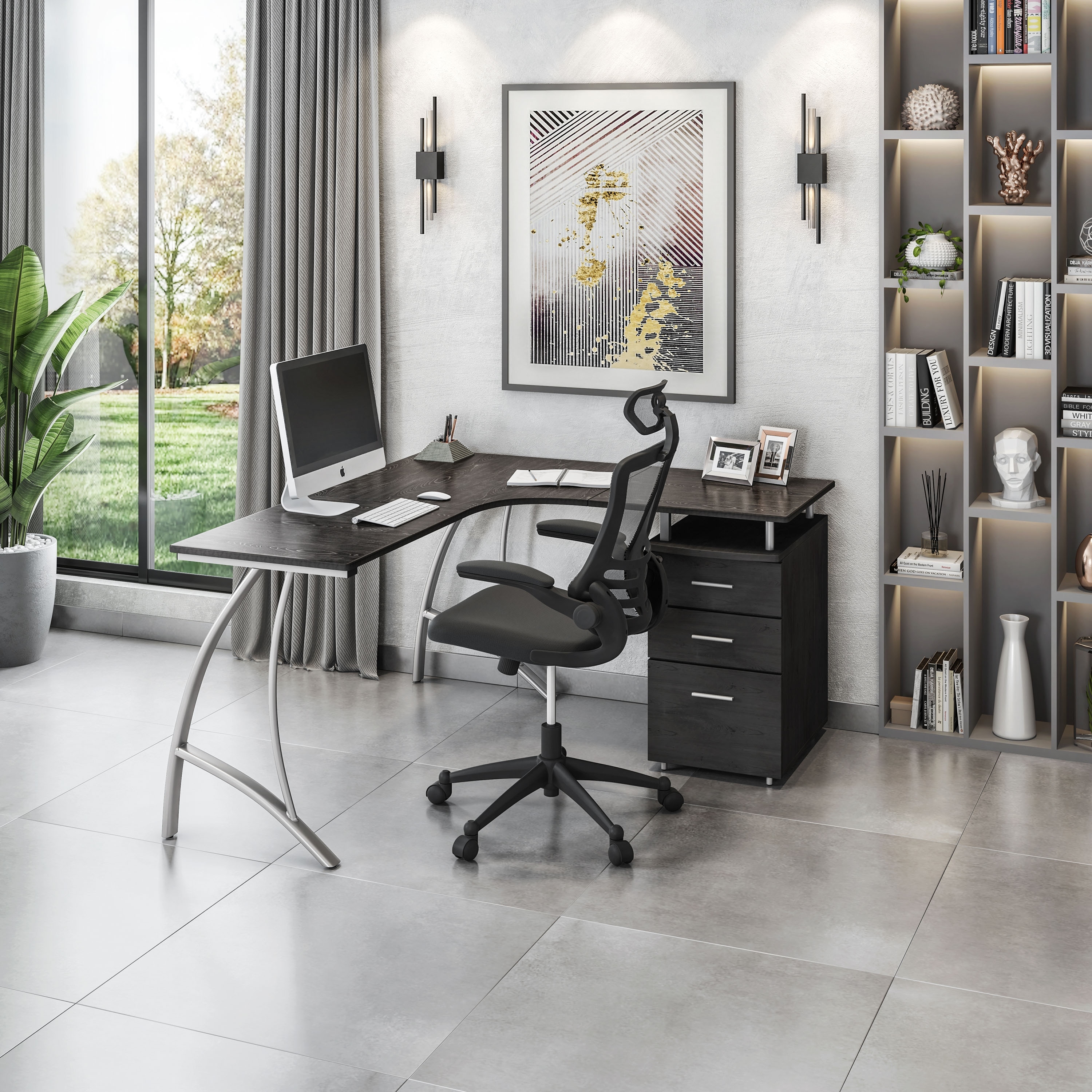 Modern L Shaped Computer Office Desk with Locking Storage Cabinet