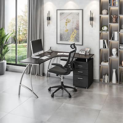Techni Mobili Modern L- Shaped Computer Desk with File Cabinet and Storage