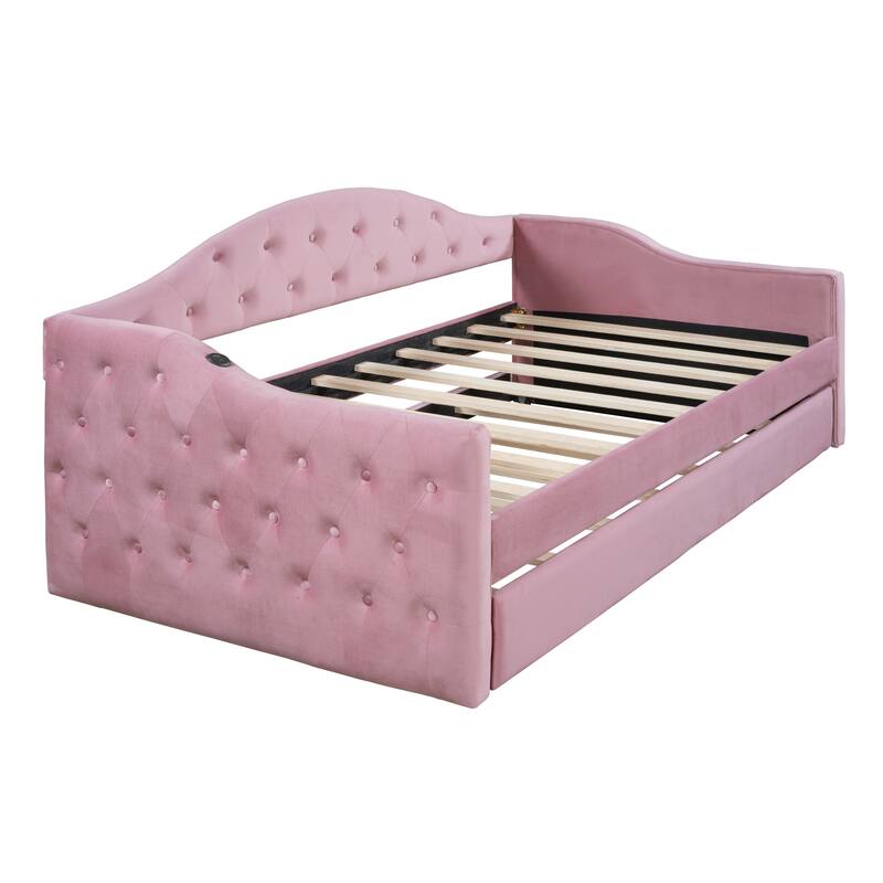 Twin Size Tufted Velvet Daybed with Trundle, USB & Type-C Charging, No Box-Spring Needed