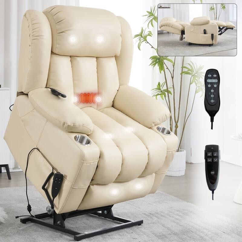 Dual Motor Infinite Position Up to 350 LBS Leatherair Power Lift Recliner Chair - Beige