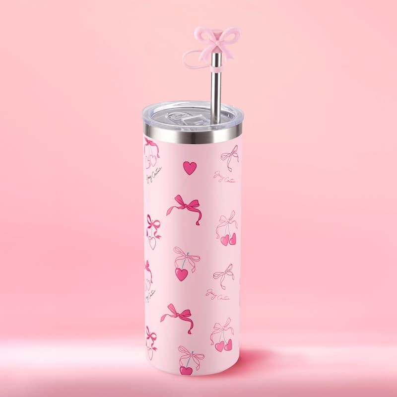 Juicy Couture Glam Slip Hydration Stainless Steel Tumbler with Straw Topper - 24oz - Pink Cherry Bows